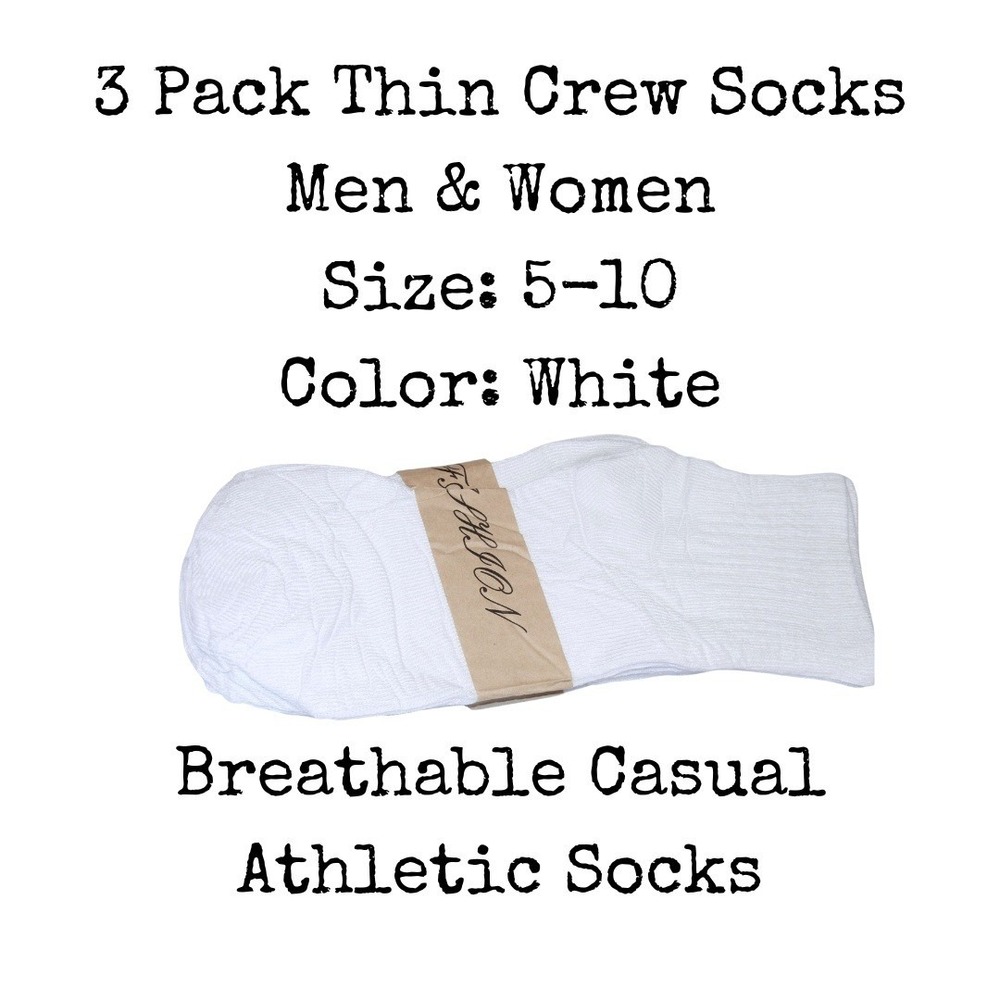 3 Pack Thin Crew Socks Men Women White Size 5-10 Breathable Casual Athletic -B